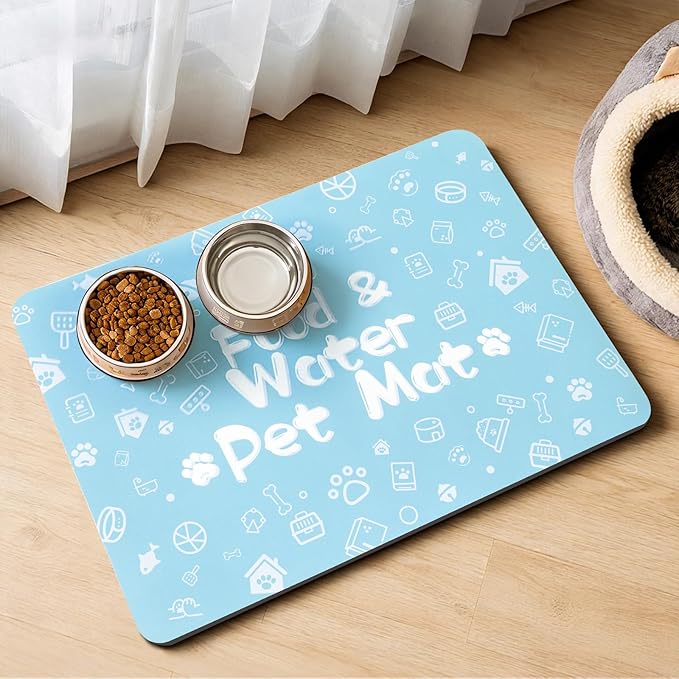Pet Feeding Mat,Dog Cat Mat for Food and Water,Dog Bowl Waterproof Placemat with Rubber Backing,Absorbent Quick Dry Water Dispenser Mat for Pet（Blue 17"×29"）