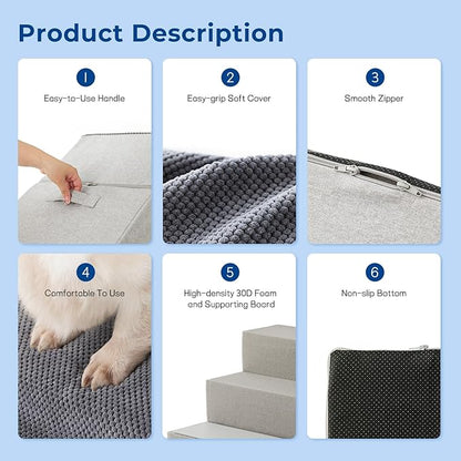 Dog Steps for High Beds - Dog Stairs 2 in 1 with Zippers Suitable for Small Dogs, Foam Pet Stairs with Non Slip Bottom Grey 5 Steps, Grey