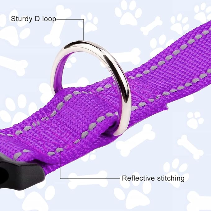 FunTags Reflective Dog Collar, Sturdy Nylon Collars for Medium Girl and Boy Dogs, Adjustable Dog Collar with Quick Release Buckle, Purple
