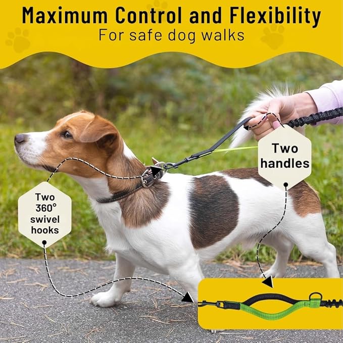 Hundefreund Hands-Free Dog Leash Replacement Bungee (43–63”) – Extension for Small Dogs – Shock-Absorbing with Dual Handles & Reflective Stitching (Green)