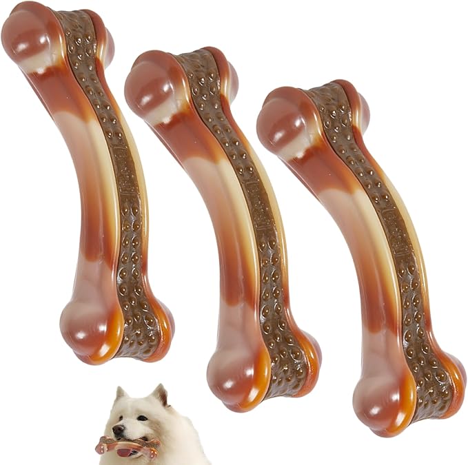 Dog Bones Chew Toys for Aggressive Chewers, 3 Pack Real Chicken Flavor,Indestructible Dog Teething Chew Toys for Large/Medium/Small Breed,Tough Toy with Durable Nylon