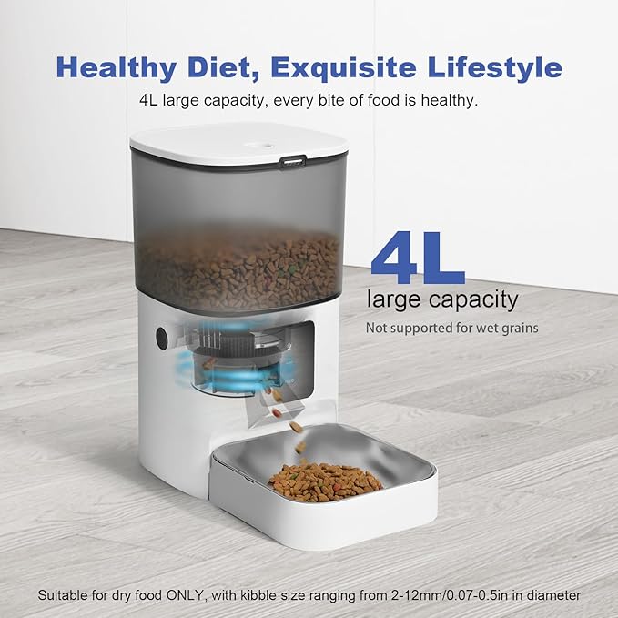 ANDOLL HOME 2.4G/5G Automatic Cat Feeder, 4L WiFi Food Dispenser with 10s Voice Recorder, Pet Feeder up to 10 Meals per Day, Timed Cat Feeder with Dry Food Sealed Ring (Matte White, 4.0 L)