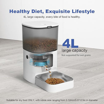 ANDOLL HOME 2.4G/5G Automatic Cat Feeder, 4L WiFi Food Dispenser with 10s Voice Recorder, Pet Feeder up to 10 Meals per Day, Timed Cat Feeder with Dry Food Sealed Ring (Matte White, 4.0 L)