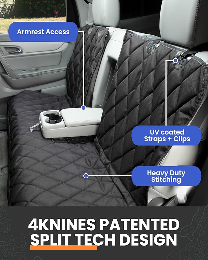 4Knines Dog Seat Cover for Back Seat, Heavy Duty Waterproof Rear Seat Protector for Large Trucks, SUVs, Cars -Fits 60/40 Split Bench with Middle Seat Belt, Non-Slip Backseat Cover (Extra Large, Black)