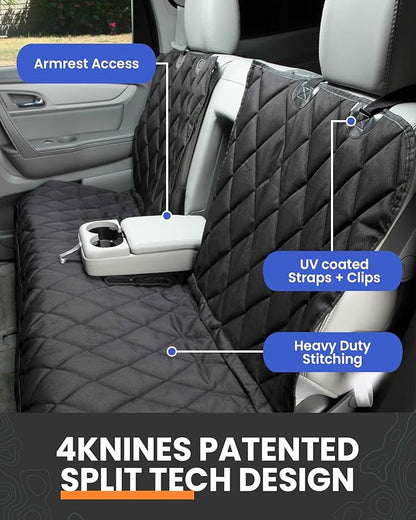 4Knines Dog Seat Cover for Back Seat, Heavy Duty Waterproof Rear Seat Protector for Large Trucks, SUVs, Cars -Fits 60/40 Split Bench with Middle Seat Belt, Non-Slip Backseat Cover (Extra Large, Black)