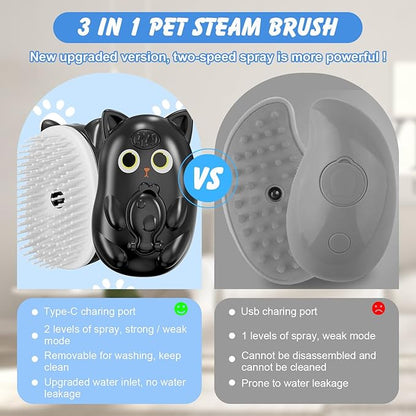 3 in 1 Cat Steam Brush for Shedding, Pet Steam brush for Dog & Cat Shedding & Grooming, for Long & Short Haired Pets, Spritz Defur Comb (black)