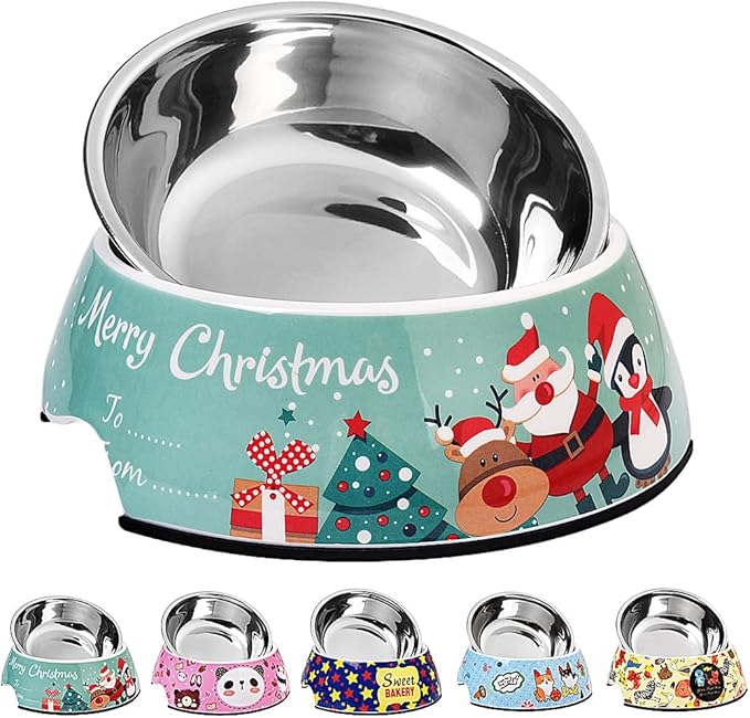 Christmas Xmas Pet Dog 2 in 1 Food Water Bowls - Non Slip Skid Proof Heavy Duty Pet Cats Dog Food Water Bowls for Feeding Medium Dogs -Green Christmas-M