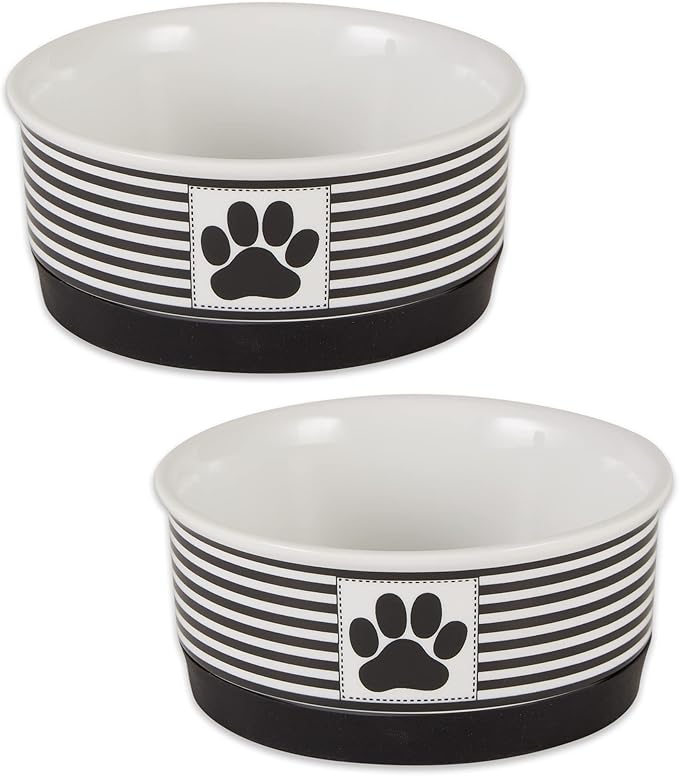 Bone Dry Ceramic Stripe Paw Pet Bowls Collection, Dishwasher Safe, Small, 4.25x2, Black, 2 Count