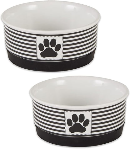 Bone Dry Ceramic Stripe Paw Pet Bowls Collection, Dishwasher Safe, Small, 4.25x2, Black, 2 Count