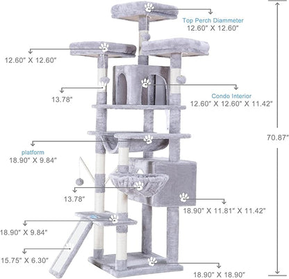 Hey-brother Cat Tree, 71 inches XL Large Cat Tower for Indoor Cats, Multi-Level Cat House with 3 Padded Perches, Big Scratcher, Cozy Basket, 2 Cat Condos and Scratching Posts, Light Gray MPJ034W