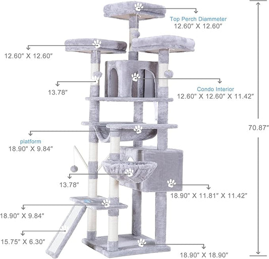 Hey-brother Cat Tree, 71 inches XL Large Cat Tower for Indoor Cats, Multi-Level Cat House with 3 Padded Perches, Big Scratcher, Cozy Basket, 2 Cat Condos and Scratching Posts, Light Gray MPJ034W