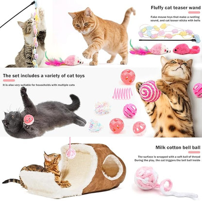 16Pcs Cat Toy Set Pink Kitten Toys Pack Including Feather Teaser Interactive Wand Cat Springs Mice Crinkle Balls and Pet Bell Balls Toys for Bored Indoor Cats, Gift Box Styles (Pink)