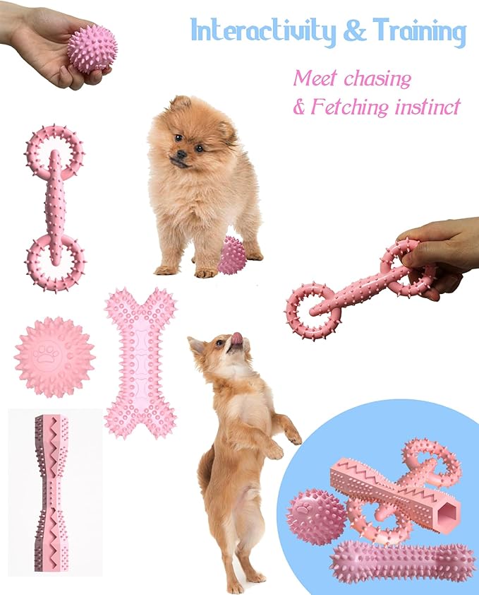 4 Pack Puppy Teething Toys Dog Durable Chew Toys Soft Rubber Toy Dog Teeth Cleaning Toothbrush Toy Cute Interactive Toys for Puppies Small Breed (Pink)