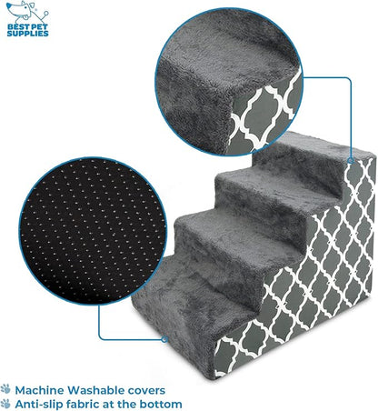Best Pet Supplies Foam Pet Steps Cover for Small Dogs and Cats, Portable Ramp Stairs for Couch, Sofa, and High Bed Climbing (Cover Only) - Gray Lattice, 4-Step (H: 18") (Cover Only)