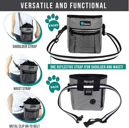 PetAmi Dog Treat Pouch, Pet Treat Pouch For Training, Dog Walking Bag Holder for Kibbles, Pet Food Toy, Dog Trainer Essentials Supplies, Poop Bag Dispenser, 3 Ways to Wear (Black Stripes)