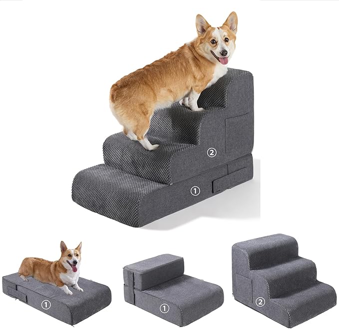 Dog Stairs for Small Dogs, 4-Step Dog Steps for Bed & Couch, High-Density Foam Pet Stairs, Non-Slip Indoor Pet Ramp, Washable Cover, Fits Beds up to 18.1", Grey
