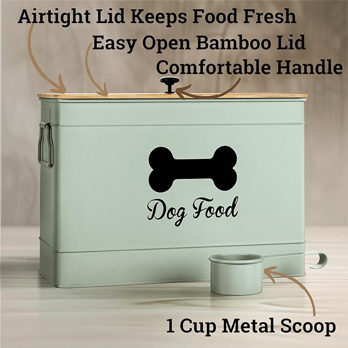 Dog Food Container Airtight 15 lb (50 Cup) Capacity with Metal Scoop - Cute Airtight Dog Food Storage Container with Bamboo Lid - Green Metal Kibble Storage Bin for Dogs up to 100 lbs - Big Pet Jar