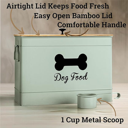 Dog Food Container Airtight 15 lb (50 Cup) Capacity with Metal Scoop - Cute Airtight Dog Food Storage Container with Bamboo Lid - Green Metal Kibble Storage Bin for Dogs up to 100 lbs - Big Pet Jar