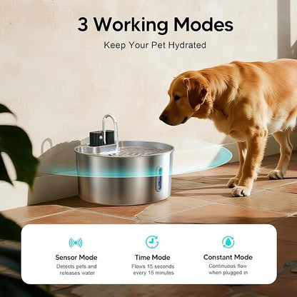 Voluas Dog Water Fountain: 1.8Gal/7L Wireless Stainless Steel Dog Fountain Bowl for Small to Large Dogs, Battery Operated Pet Water Dispenser Indoor with Ultra-Quiet Pump, Easy Clean, 6 Filter