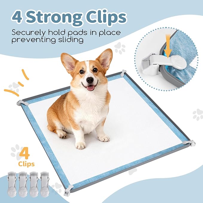 Pee Pad Holder for Dogs 24" x 24", Silicone Potty Tray with 4 Holder Clamps, High Edge No-Spill Dog Training Mat, Non-Slip Puppy Pad Tray Floor Protection for Indoor Use - Gray