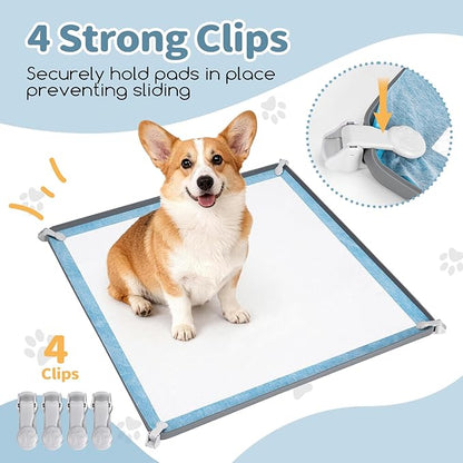 Pee Pad Holder for Dogs 24" x 24", Silicone Potty Tray with 4 Holder Clamps, High Edge No-Spill Dog Training Mat, Non-Slip Puppy Pad Tray Floor Protection for Indoor Use - Gray
