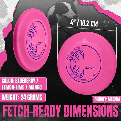 Hyperflite Nano Jawz Disc Dog Disc 4” (24g) | Official Skyhoundz Mini Flying Disc for Small Dogs & Puppies | Long-Flying, Lightweight Chase Dog Toy for Backyard, & Beach | Anti-Glare - Pink\