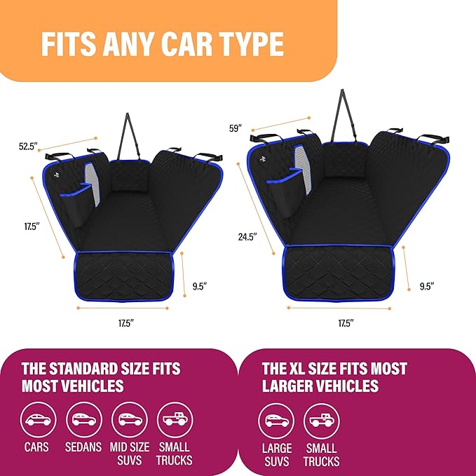 Active Pets Dog Car Seat Cover for Back Seat, Waterproof Pet Protection Hammock, SUV Truck Car Backseat Protector with Safety Features, Blue