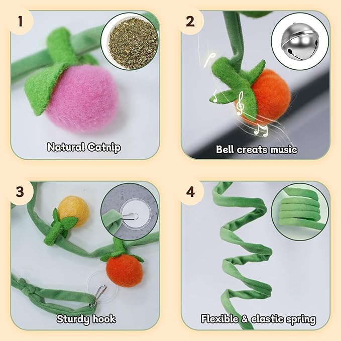 Durable Cat Toys with Catnip, Self-Play Hanging Kicker Toy for Indoor Cats, Interactive Window/Door Mount Design with Bell & Spring for Kittens and Adult Cats (Red&Green&Yellow)