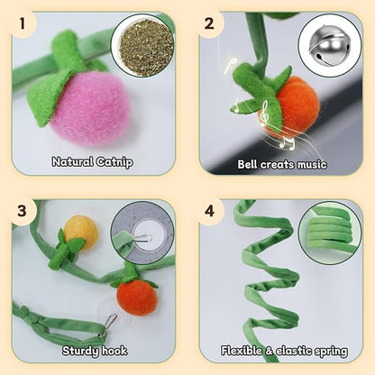 Durable Cat Toys with Catnip, Self-Play Hanging Kicker Toy for Indoor Cats, Interactive Window/Door Mount Design with Bell & Spring for Kittens and Adult Cats (Red&Green&Yellow)