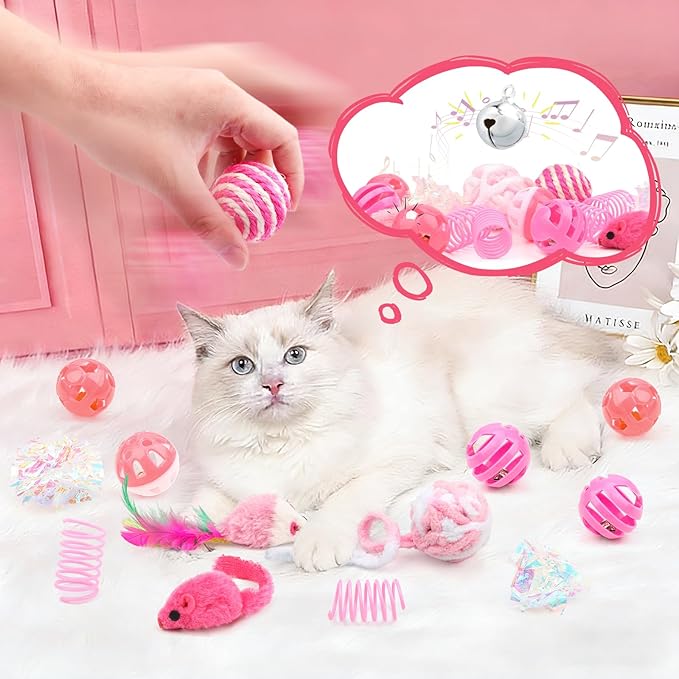 16Pcs Cat Toy Set Pink Kitten Toys Pack Including Feather Teaser Interactive Wand Cat Springs Mice Crinkle Balls and Pet Bell Balls Toys for Bored Indoor Cats, Gift Box Styles (Pink)