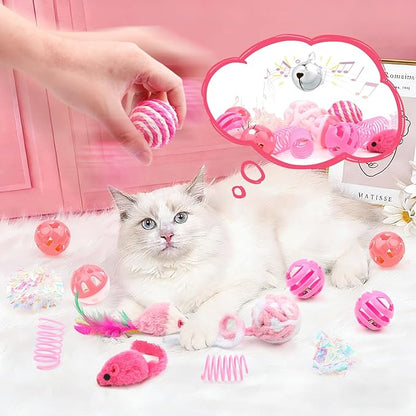 16Pcs Cat Toy Set Pink Kitten Toys Pack Including Feather Teaser Interactive Wand Cat Springs Mice Crinkle Balls and Pet Bell Balls Toys for Bored Indoor Cats, Gift Box Styles (Pink)