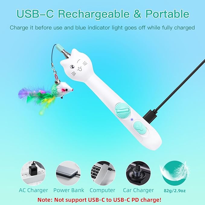 SEVENKA 3in1 Cat Toy, Rechargeable UV Flashlight and Retractable Rod with Feather Toy, USB-C White Light & 395nm Blacklight for Pet Urine Stains, Bed Bugs, Interactive Toy for Cat, Kitten