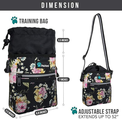PetAmi Dog Treat Pouch, Pet Treat Pouch for Training, Dog Walking Bag Holder for Kibbles, Pet Food Toy, Dog Trainer Essentials Supplies, Poop Bag Dispenser, 3 Ways to Wear (Floral Black)