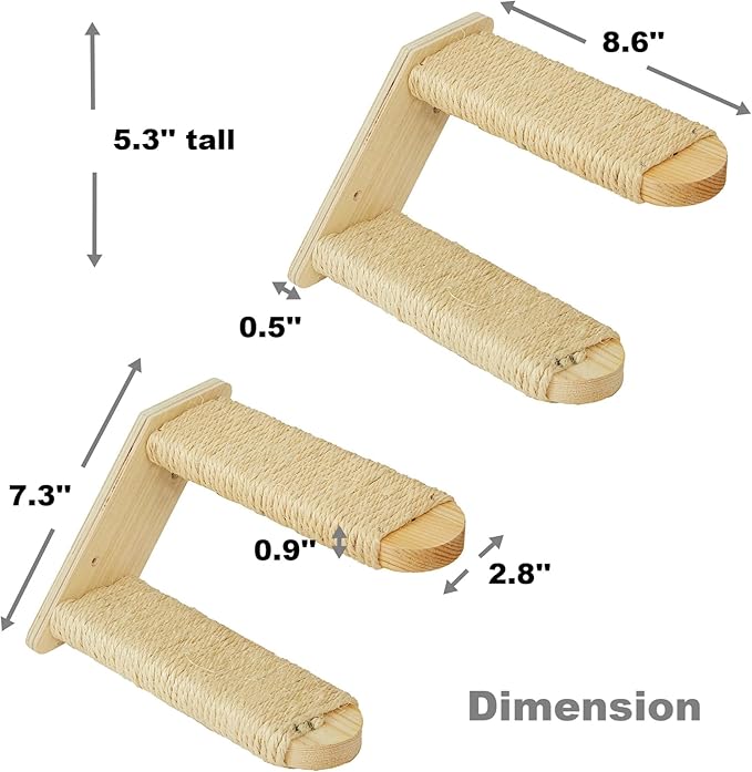 Wall-Mounted Cat Stairs Set of 2, 2-Step Pine Wood Cat Ladder with Sisal Rope, Space-Saving Climbing Shelves for Cats