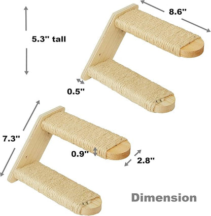 Wall-Mounted Cat Stairs Set of 2, 2-Step Pine Wood Cat Ladder with Sisal Rope, Space-Saving Climbing Shelves for Cats