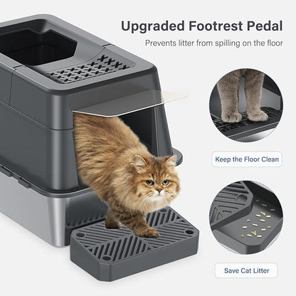 Stainless Steel Litter Box with Lid, XL Extra Large Enclosed Cat Litter Box Fits All Cats Modular Design with Flip Cover, Top Entry Metal High Sided Cat Box & Pedal & Scoop (Dark Grey)