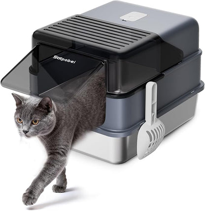 Stainless Steel Cat Litter Box with Lid – Enclosed & Covered High-Sided Kitty Litter Box, Medium or Small, Metal Litter Pan for Cats and Kittens, Odor Control, Easy Cleaning