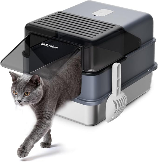 Stainless Steel Cat Litter Box with Lid – Enclosed & Covered High-Sided Kitty Litter Box, Medium or Small, Metal Litter Pan for Cats and Kittens, Odor Control, Easy Cleaning