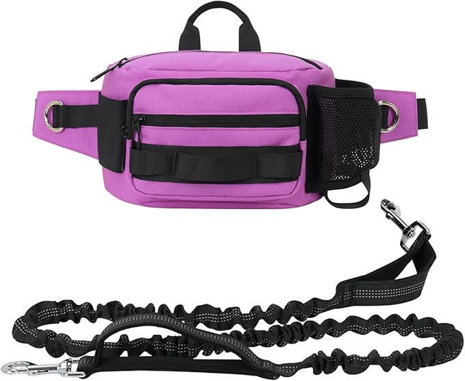 Hands Free Dog Leash with Waist Bag, Retractable Bungee Leash Portable with Dual Handles + Multifunctional Zipper Pouch for Dog Training Walking Running Cycling