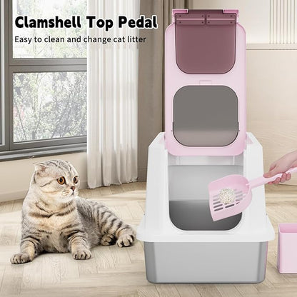 RIZZARI Enclosed Cat Litter Box: Extra Large Pink Litter Pan with Top Exit & Anti-Leak Design - Teflon Non-Stick Coating Stainless Steel Cleaning - Odor-Control in Garage Utility Room