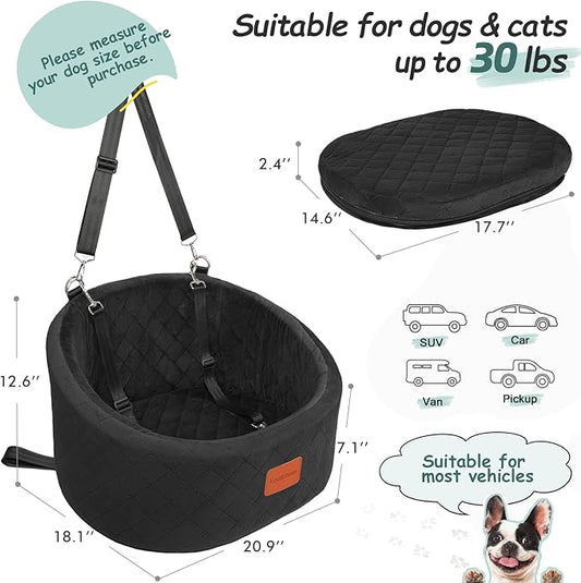 Lealchum Dog Car Seat for Small Dogs Up to 30 Lbs,Ultra Soft Fabric Fill in Comfy Memory Foam,Happy Pet Ride,2 Safety Dog Leashes,Fully Detachable and Washable,Anti Slip Base(Black)