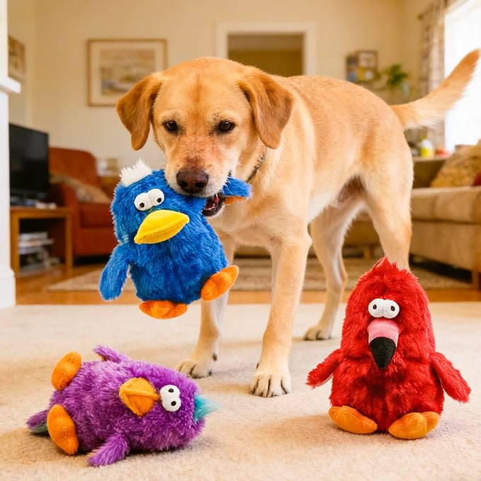 Squeaky Dog Toys Durable Stuffed Bird Dog Toys with Unique Squeak Sounds to Keep Dogs Busy, Cute & Funny Interactive Puppy Chew Toys for Small, Medium and Large Dogs(Purple Parrot)