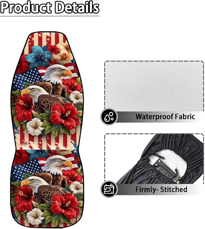 Car Seat Covers Waterproof Hibiscus Eagle Patriot Car Seat Cover for Front Seat Set of 2 Washable Cover Anti-Slip Back Fabric Easy to Install Universal Fit Most Cars