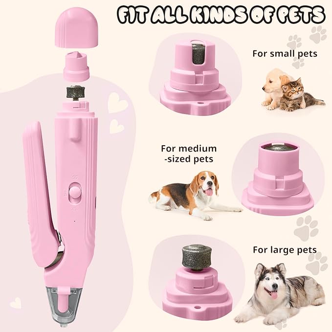 2-in-1 Dog Nail Trimmers & Dog Nail Grinder, Dog Nail Clippers with 2 LED Lights & Safety Guard, USB Rechargeable, Multiple Grinding Methods for Small, Medium, and Large Dogs & Cats (Pink)