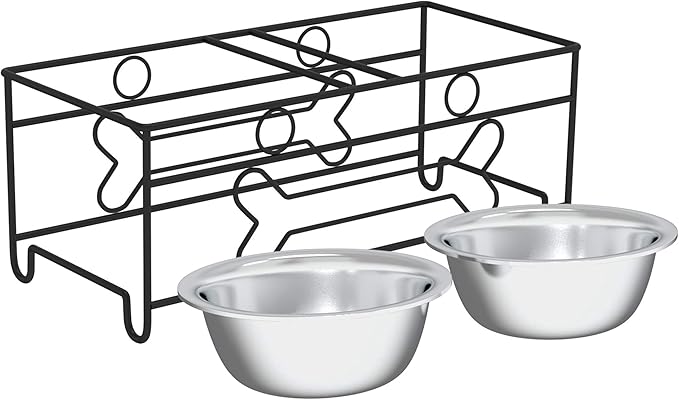 Set of 2 Stainless Steel Dog Bowls - 40oz Pet Bowls with Decorative Dog Food Stand - Metal Food and Water Dishes for Large Pets - Puppy Essentials by PETMAKER (Silver/Black)