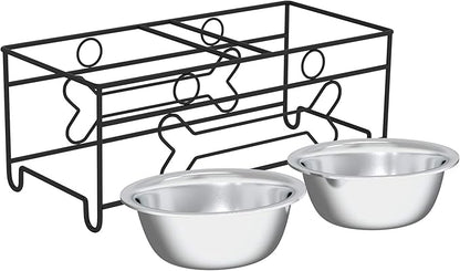 Set of 2 Stainless Steel Dog Bowls - 40oz Pet Bowls with Decorative Dog Food Stand - Metal Food and Water Dishes for Large Pets - Puppy Essentials by PETMAKER (Silver/Black)