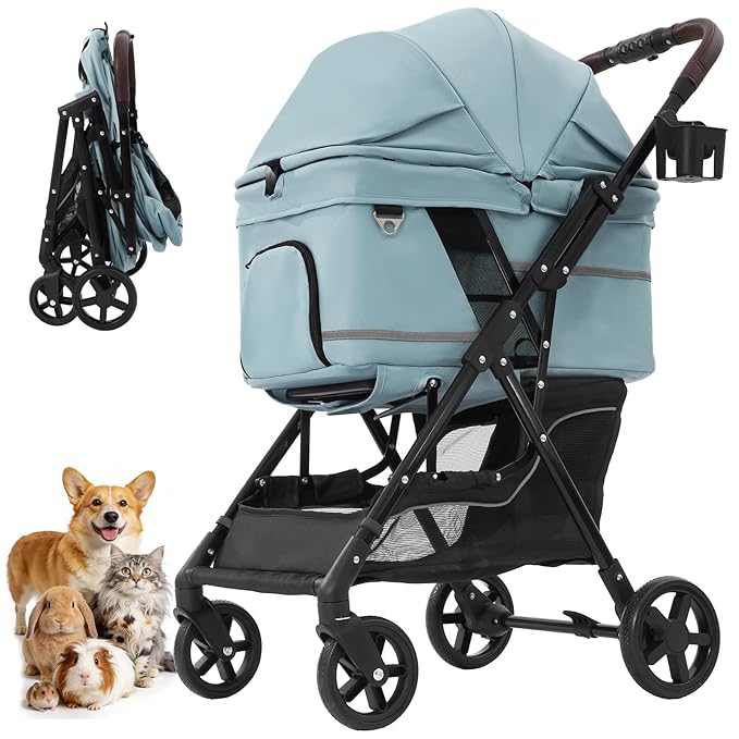 NO-Zip Pet Stroller for Small Dogs & Cats, Lightweight Dog Stroller with Reflective Safety Strips, One-Hand Fold, Claw-Proof Mesh, Breathable Travel Carriage, 33lbs Capacity, Light Blue