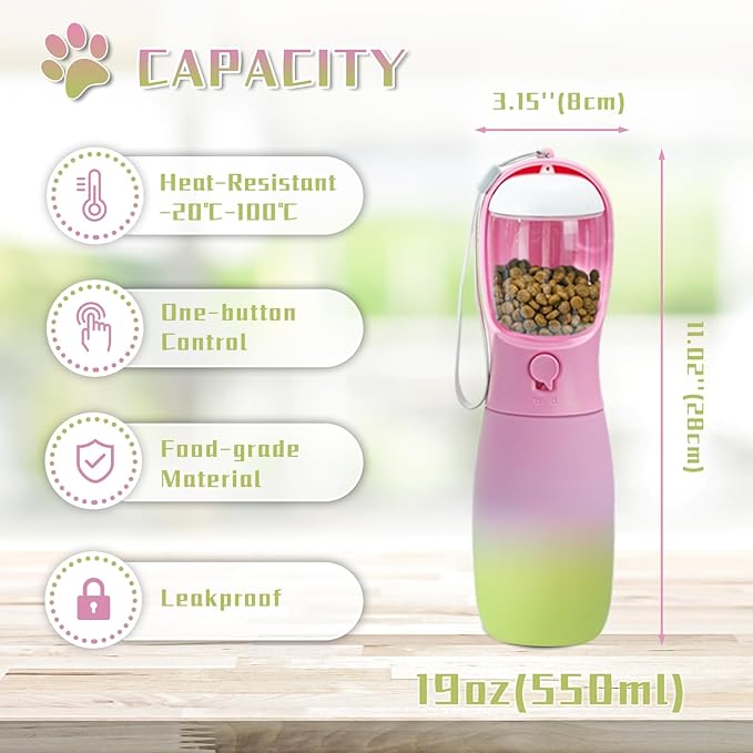 Dog Water Bottle Portable, 19Oz Large Capacity Dog Water Dispenser, Food Grade Pet Accessories for Small Dogs Large Breed, Travel Pet Water Bowl for Outdoor, Dog Birthday Gifts (Pink&Green)