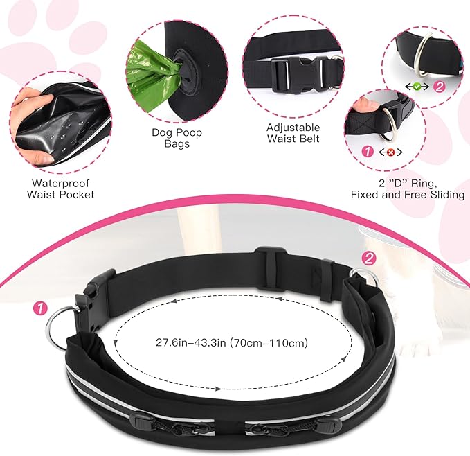 Caudblor Waist Leash for Medium Large Dog Walking, Bungee Hands Free Leash with Zipper Pouch, Around The Waist No Pull Running Dog Belt, Padded Handle Jogging No Hands Heavy Duty
