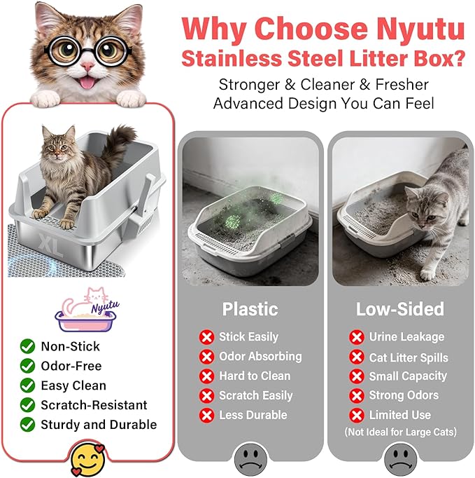 Stainless Steel Cat Litter Box with Lid, 2 Pack XL Metal Litter Box High Sided, Odor-Free/Anti-Urine Leakage & Non-Stick, Extra Large Litter Box with Mat & Scoop for Multiple/Big Cats, Easy Clean